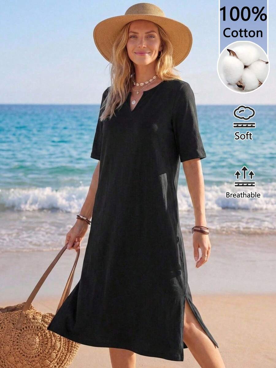 SHEIN LUNE Gaun Midi Wanita Katun Murni Leher V Lengan Pendek - Hitam - View 1