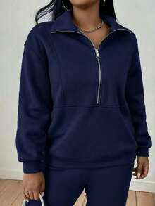 Maweii Women's Plus Size Zipper Half Placket Sweatshirt And Sweatpants Set Fall - Navy Blue - View 4