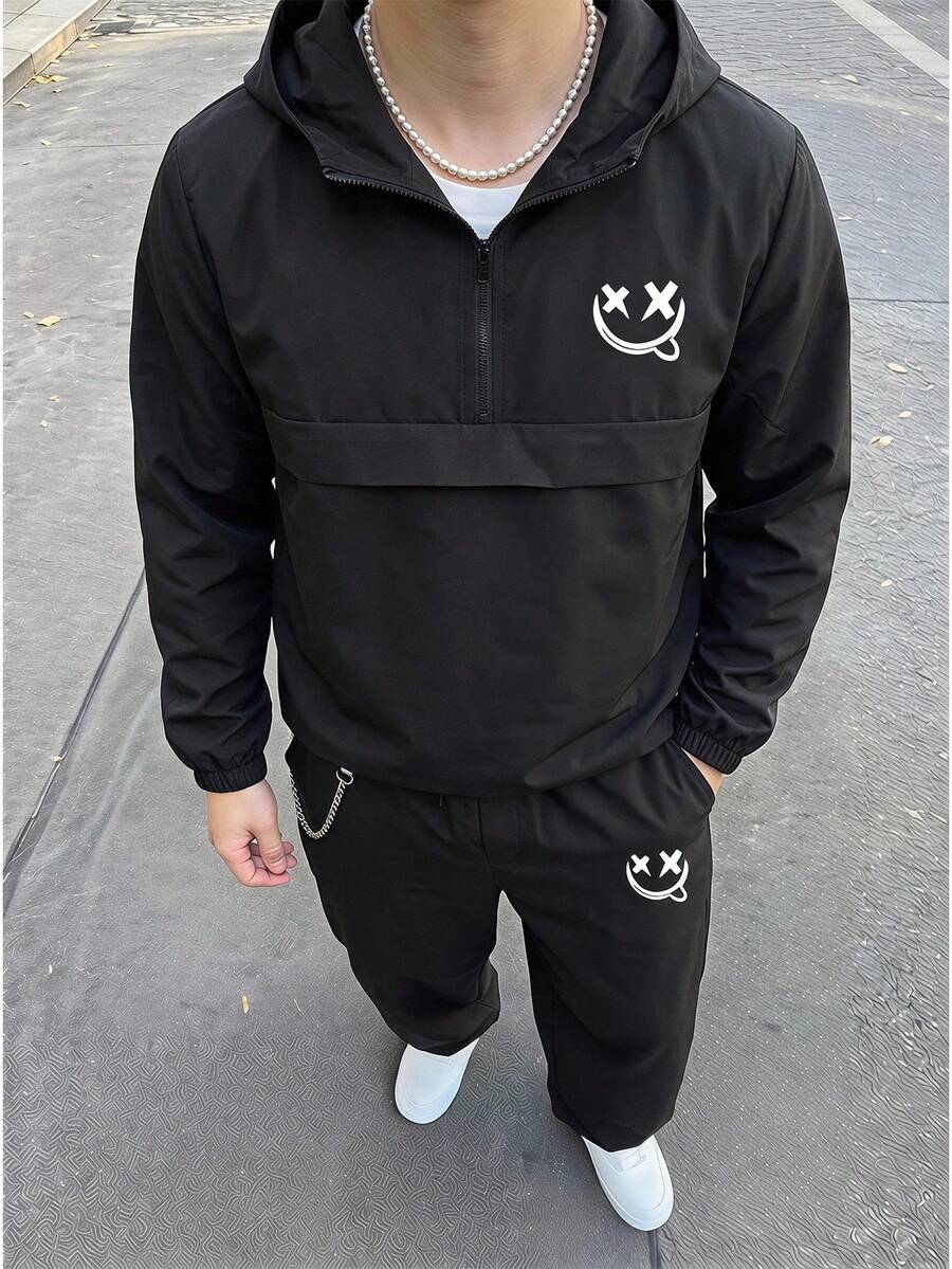 青少年男孩半拉鍊連帽外套與慢跑長褲2件套,休閒運動風,適合秋冬 - 彩色 - 查看 1