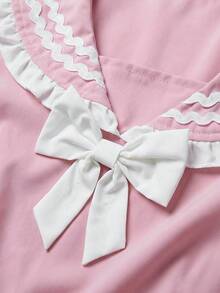 Tween Girl Colorblock Bow Decor Patchwork Ruffle Hem Long Sleeve Preppy Dress School Pinafore - Pink - View 4