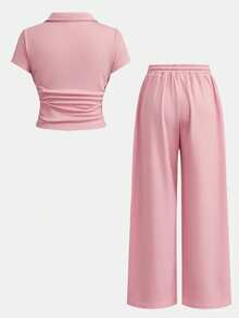 SHEIN Tween Girls 2 Pieces Set, Pink Ruffle Short Sleeve T-Shirt And High-Waist Wide Leg Pants, Cute Embroidery, Fashion Y2k Summer Holiday, Vacation - Pink - View 2
