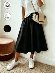SHEIN Holidaya Women's Summer New Casual Style Cotton Linen Drawstring Khaki Skirt, Selected Textured Cotton Linen Fabric, Elastic Waist With Drawstring Design, Suitable For Various Body Types, Loose A-Line Flared Silhouette To Flatter Hip Lines, Classic Versatile Khaki Tone, Suitable For Daily Commute, Travel, Light Casual Occasions, Easily Create A Relaxed And Natural Atmosphere, Cotton Linen Skirt, Khaki Skirt, Vacation Skirt - Black - View 3