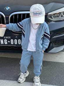 Bộ áo khoác sweatshirt cổ đứng vạt mở và quần dài trẻ em cho bé trai, phong cách thể thao thường ngày thoải mái, màu xanh phối mảng màu, dáng rộng, 2 món, phù hợp đi chơi, đi học, tụ tập hàng ngày, mùa thu/đông - Màu xanh lam - Xem 3