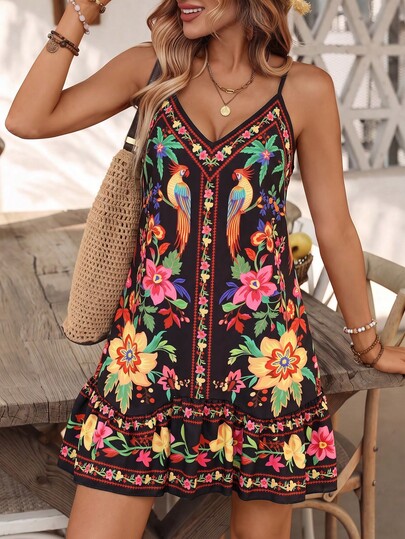 EMERY ROSE Women's Summer Beach Adjustable Strap Bohemian Print Patchwork Asymmetrical Ruffle Design Vacation Cover-Up Dress, Women's Elegant Dress, Women's Easter Dress, Women's Casual Dress, Women's Spaghetti Strap Dress, Women's Floral Dress, Women's Vacation Dress, Women's Country Dress, Women's Holiday Dress, Women's Pink Dress, Summer Beach Outfit, Party Outfit, Music Festival Outfit, Club, Gathering, Ranch, Street