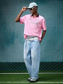 EVRINFINITE Men's Summer Fashion Letter Graphic Short Sleeve Polo Shirt, Emo, 2000s Style - Pink - View 7