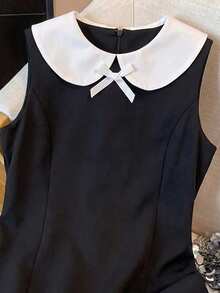 SHEIN Back To School Season Girls Black & White Classic Little Black Dress With Small Collar, Bowknot And Ruffle Hem - Black - View 8
