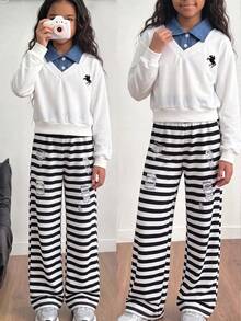 SHEIN 少女白色 2 合 1 領口上衣 + 條紋長褲 2 件套 春/秋返校穿搭 - 白色 - 查看 8