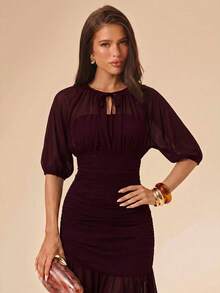 SHEIN BAE Women's Elegant Party Mesh Dress - Maroon - View 7