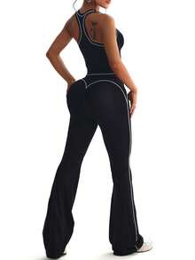 StreetHx Women's Seamless Black Tight Fit Sports 2 Pieces Set Tank Top & Flare Pants - Black and White - View 6