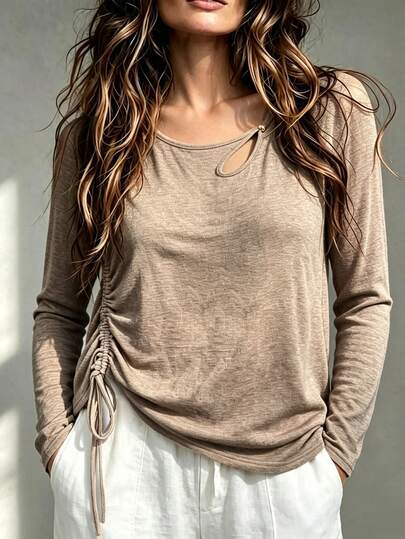 Linhara CURVE Plus Size Women's Long Sleeve T-Shirt Top, Unique Design Slimming Top, French Style, Super Flattering, Suitable For Daily Outings, Holiday Travel, Sweet Dates, Tourism, Commuting, Sweet, Home, Office, Autumn Style