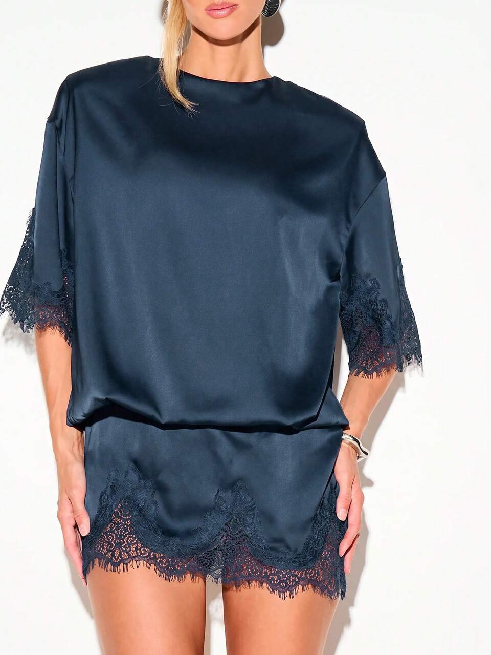 KIZN Satin Batwing Lace Trim Mini Dress
