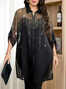 Reflora Plus Size Vacation Print Single-Breasted Sheer Fashion Shirt - Black - View 7