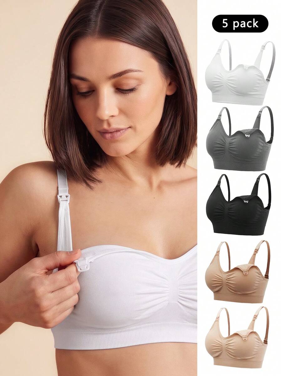 SHEIN Maternity 5pack Solid Ruched Nursing Bra For Mother - Multicolor - View 1