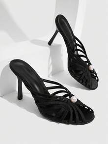 CUCCOO SZL Women's Summer 9.8CM Round Toe Open Toe Hollow Cross Strap Sexy Versatile Elegant Pearl Stiletto High Heel Sandals, Suitable For Daily Commute/Beach/Party - Black - View 1