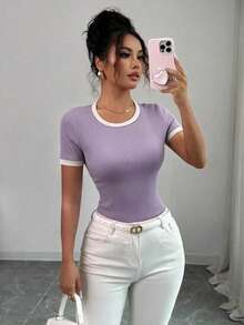 Elenzga Women's Contrast Color Round Neck Short Sleeve Casual Ribbed T-Shirt - Purple - View 6