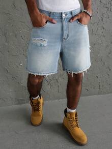 GALLERY FADE Men's Casual Daily Denim Shorts With Pocket, Button And Distressed Design - Blue - View 4