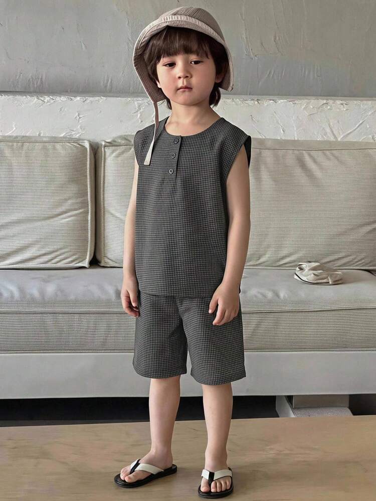 Dazy Kids 男童圆领无袖舒适透气百搭日常背心套装，夏季 - 深灰色 - 查看 5