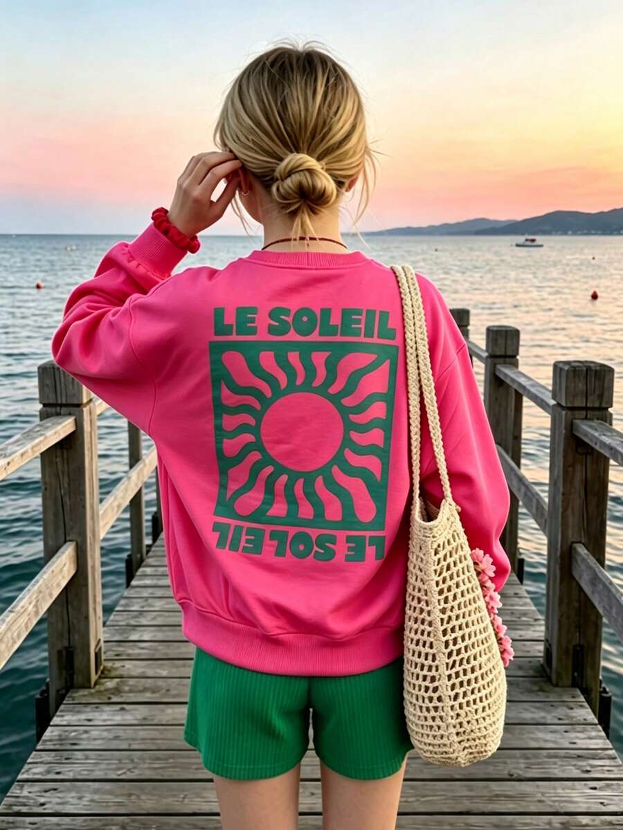 SHEIN 女童休閒熱帶韓風拼接粉色祖母綠蕾絲刺繡領口收口喇叭袖衛衣,適合校園、春假 - 玫紅色 - 查看 1