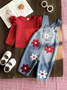 SHEIN Vintaside Kids 2件組嬰兒男童女童中性款 0-3歲幼兒春秋紅色甜美風花卉刺繡牛仔長褲，圓領長袖套頭上衣搭配牛仔吊帶褲套裝，適合外出、購物與休閒穿著 - 紅色 - 查看 1