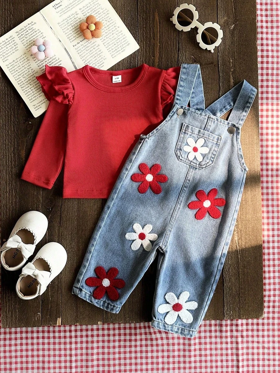 SHEIN Vintaside Kids 2件組嬰兒男童女童中性款 0-3歲幼兒春秋紅色甜美風花卉刺繡牛仔長褲,圓領長袖套頭上衣搭配牛仔吊帶褲套裝,適合外出、購物與休閒穿著 - 紅色 - 查看 1