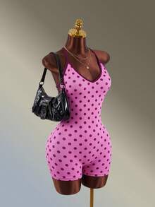 Amplova Women's Polka Dot Print Halter Neck Backless Sports Romper Seamless Pink Backless Fitness Gym Sexy Workout Going Out Daily Wear Sport Jumpsuit Fashion - Pink - View 6