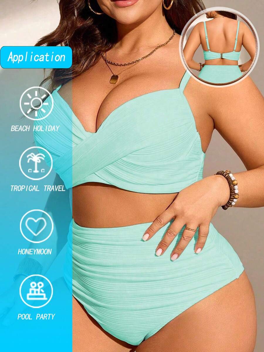 SHEIN Swim Curve 大码女式两件套纯色褶皱吊带背心式泳衣套装,时尚简约,度假必备 - 薄荷綠 - 查看 1
