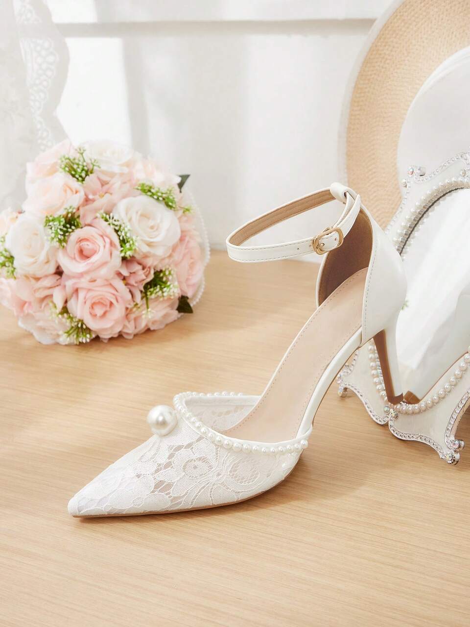 CUCCOO HITCHD New Beige Pointed Thin Heel Pearl Mesh Flower Fashion Elegant High-End Women's High-Heeled Shoes Fall Shoes