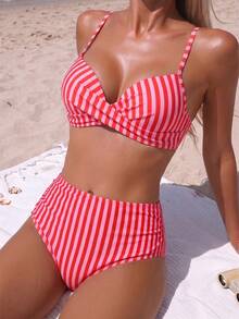 SHEIN Swim 2025 女款夏季海灘豹紋性感比基尼兩件式泳衣套裝 - 紅色 - 查看 3