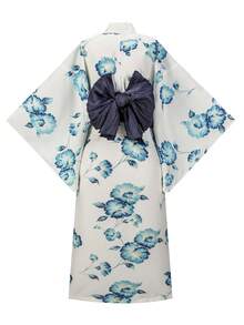 Irokai 日式傳統和服白色底藍綠花卉圖案女款改良兩件式浴衣套裝 - 彩色 - 查看 2