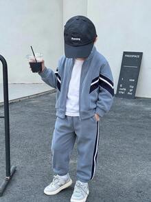 Bộ áo khoác sweatshirt cổ đứng vạt mở và quần dài trẻ em cho bé trai, phong cách thể thao thường ngày thoải mái, màu xanh phối mảng màu, dáng rộng, 2 món, phù hợp đi chơi, đi học, tụ tập hàng ngày, mùa thu/đông - Màu xanh lam - Xem 4