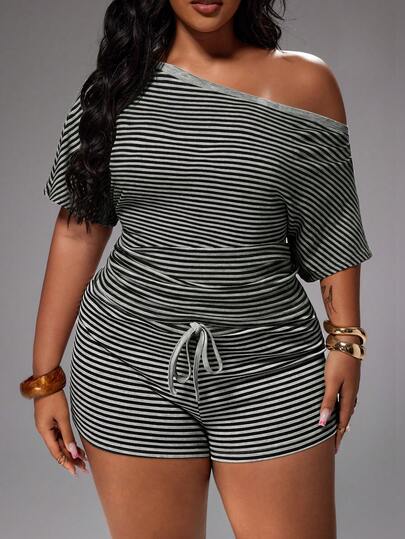 Rustia Women's Plus Size 2-Piece Set, Asymmetrical Shoulder Asymmetrical Short Sleeve T-Shirt + Striped Shorts, Elegant Cute Vacation Casual Home Wear, Spring/Summer