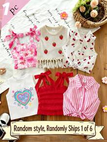 SHEIN (Acak 6 Potong, Kirim 1 Potong) Tank Top Dasar Motif Hati Berwarna-warni Bergaris Kontras Merah Muda & Putih untuk Balita Perempuan, Nyaman untuk Dipakai Sehari-hari di Musim Panas, Cocok untuk Pakaian Musim Panas Segar dan Mewah - Putih - View 7