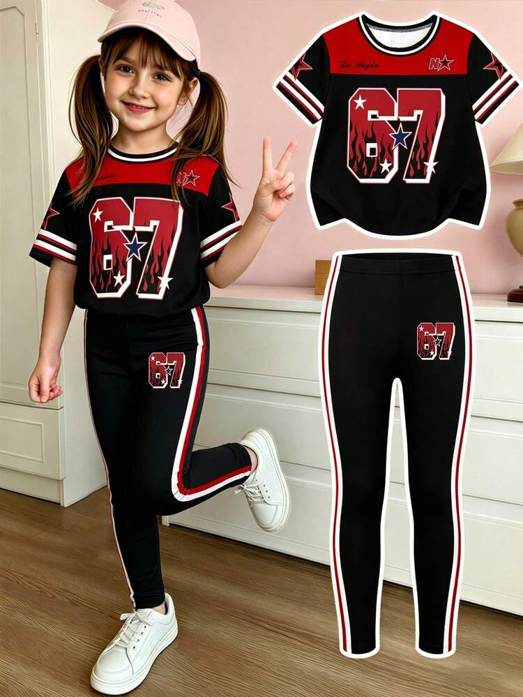 1 Set Young Girls Retro Letter 67 Flame Pattern T-Shirt & Skinny Leggings,Summer Career Day Sport Back-To-School Chinese Streetwear Sports Outfit - Multicolor - View 1