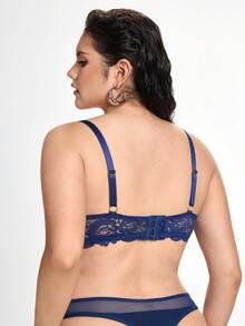 Slumbrini 1 Set Women Plus Size Solid Color Lace Underwire Bra & Panty Set, Lift - Navy Blue - View 2
