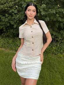 hhfernanda 女款蕾絲蛋糕網紗迷你裙，適合演唱會與度假 - 杏色 - 查看 5