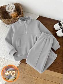 2pcs Boys Fashion Casual Minimalist Half-Zip Stand Collar Sweatshirt & Sweatpants Set, Daily Wear - Light Grey - View 3