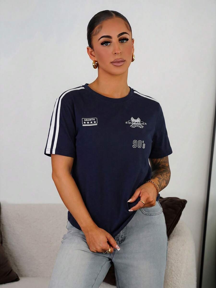 SAYEHFBABY Motorcycle Style Print Colorblock Striped Detail Short Sleeve T-Shirt,Fall Clothes Preppy Tops Casual - Navy Blue - View 1