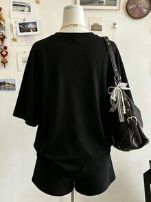 Lalippa 豹紋時尚簡約休閒女款圓領短袖短褲兩件套，黑白配色夏季日常穿著，送給朋友的禮物 - 黑色 - 查看 2