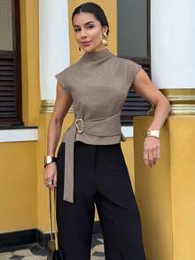 Yohana Edit Khaki Short Sleeve Shirt, Elegant Business Commute Minimalist Vintage Style Formal Shirt, Office Wear Summer - Khaki - View 6