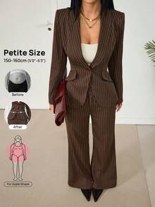 SHEIN PETITE 女款條紋單排扣長袖夾克與長褲休閒日常套裝 - 棕色 - 查看 9