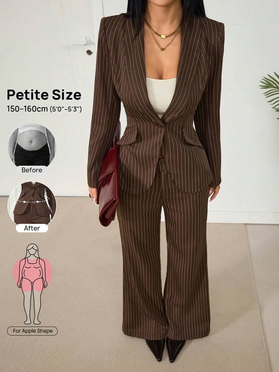 SHEIN PETITE Women's Striped Single-Breasted Long Sleeve Jacket And Pants Casual Daily Suit Set