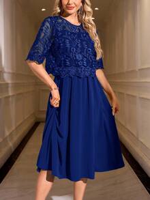SHEIN Clasi Women's Round Neck Short Sleeve Lace Elegant Dress - Royal Blue - View 8