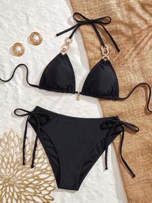 Swim Vcay Women's Solid Color Beach Swimsuit Set For Vacation - Black - View 3