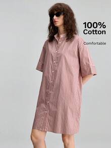 Ontre 女款舒適粉色條紋短袖襯衫洋裝 夏季波希米亞風休閒度假穿搭 海邊現代都市早午餐造型 - 粉色 - 查看 5