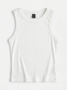 SHEIN BASICS Women's Solid Color Round Neck Ribbed Casual Versatile Tank Top - Multicolor - View 3