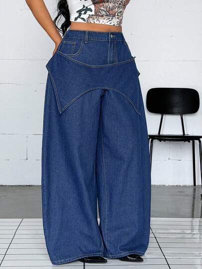 Jeanoix Y2K Plus Size Loose Mid-Blue Denim Jeans, Fashionable Street Style Casual Commute Street Photography Music Festival School Season Daily Travel Fashion Item