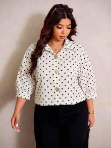 Elaquor Plus Size French Fashion Metal Heart Buckle Polka Dot Print Blouse - White - View 6