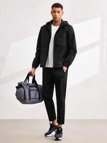 Driftmere Men's Hooded Drawstring Soft Shell Windbreaker Jacket, Sports & Casual, Front Large Pocket, Zipper Side Pockets, Suitable For Daily Wear, Versatile & Popular Jacket - Black - View 4