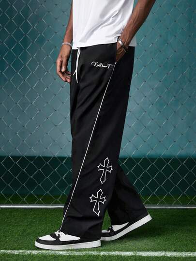 EVRINFINITE Men's Casual Straight Leg Pants, Drawstring Waistband, Side Stripe Design, Letter Cross Print Loose Streetwear Pants, Suitable For Daily Wear