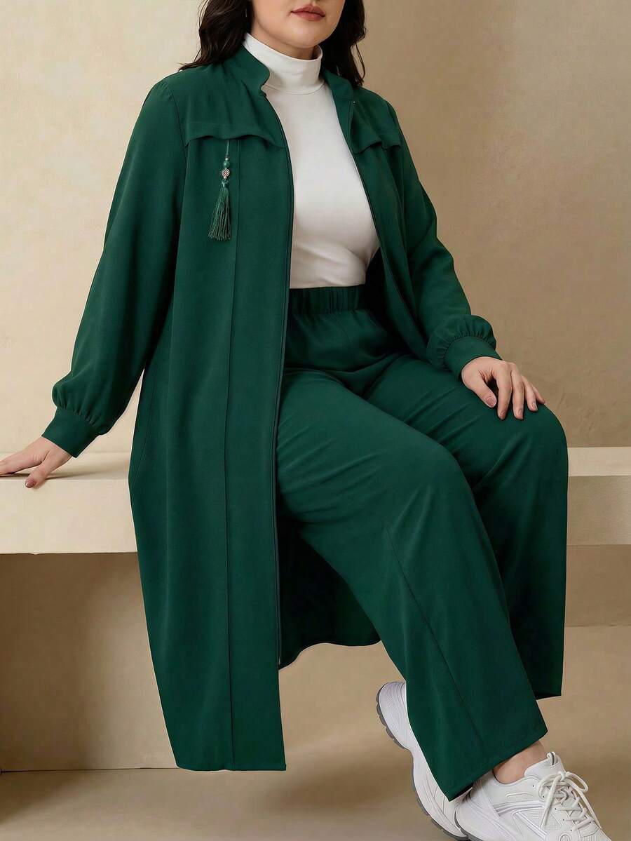 Modelyn 优雅纯色拉链长袖外套套装，阿拉伯风格女装，秋冬款 - 墨綠色 - 查看 1